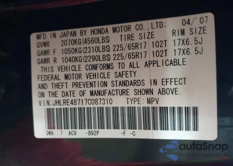 2007 Honda Cr-V Ex-L z USA, uszkodzony, nr VIN JHLRE48717C087310